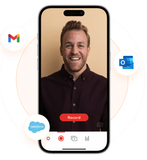Man on phone screen, ready to record a video. There's a loop that shows the Gmail, Outlook and Salesforce icons.