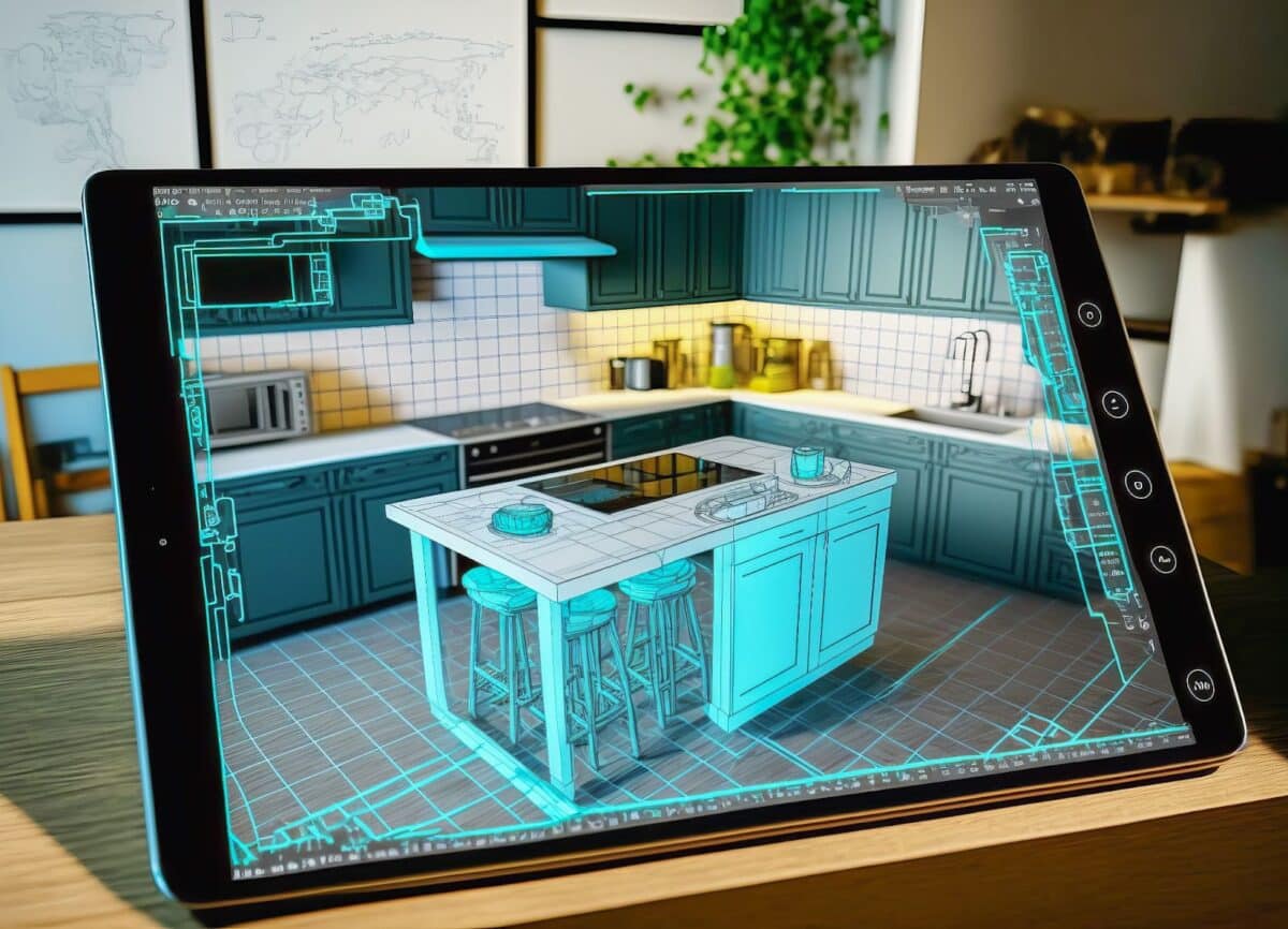iPad using augmented reality to show completed kitchen renovation