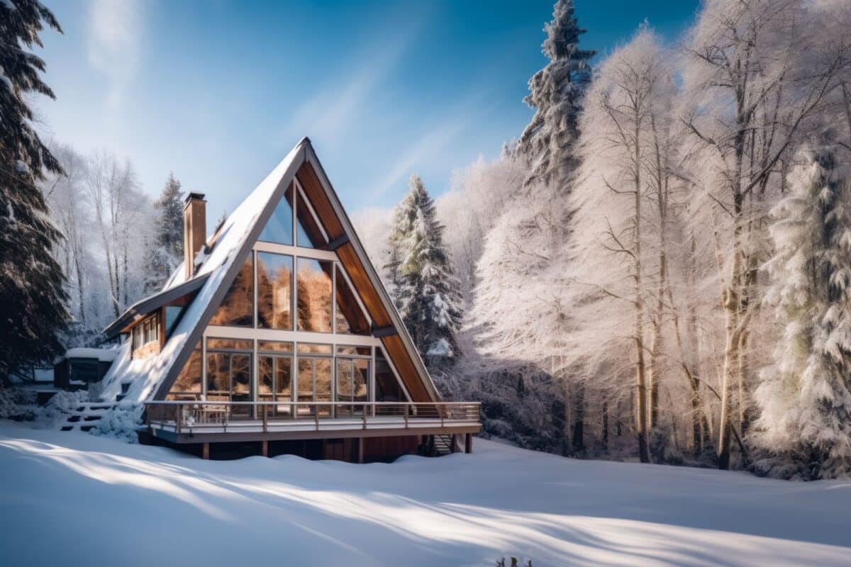 An A-frame house in the middle of a snowy forest