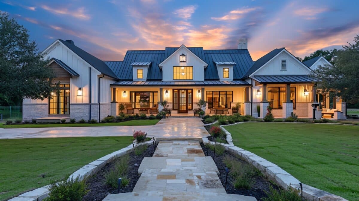 Twilight photo of a luxury home listing, beautiful green landscaping.