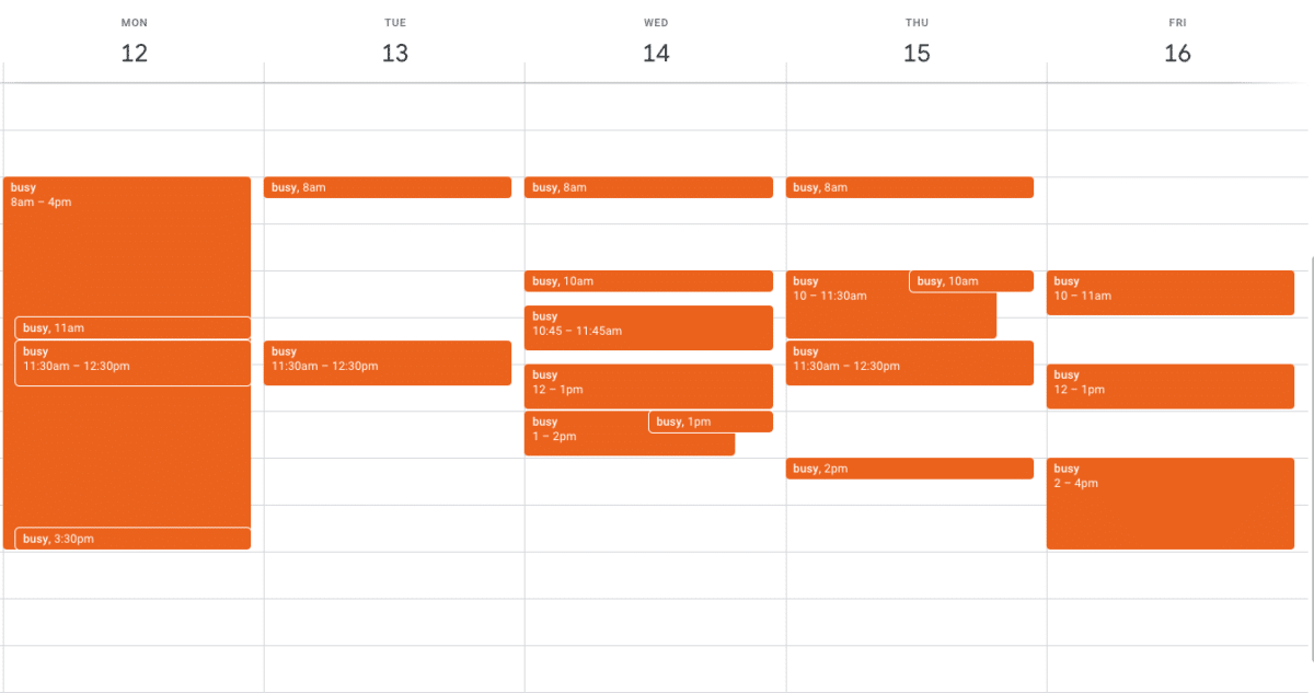 A sample weekly schedule mapping in Google Calendar.