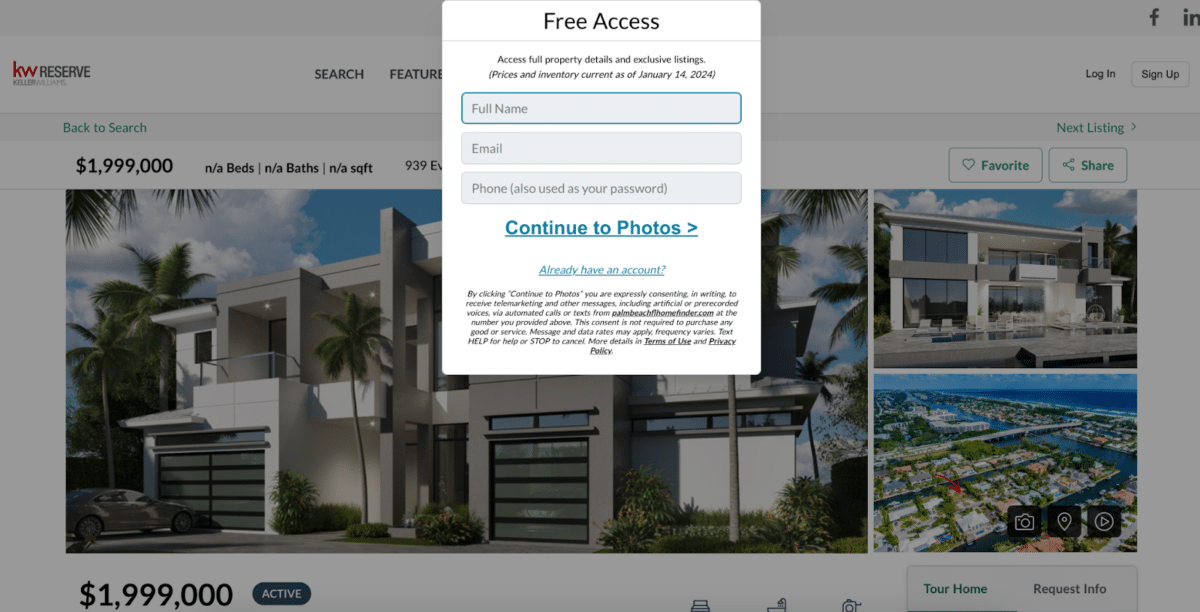 CINC created website with lead capture form to get access to listings.