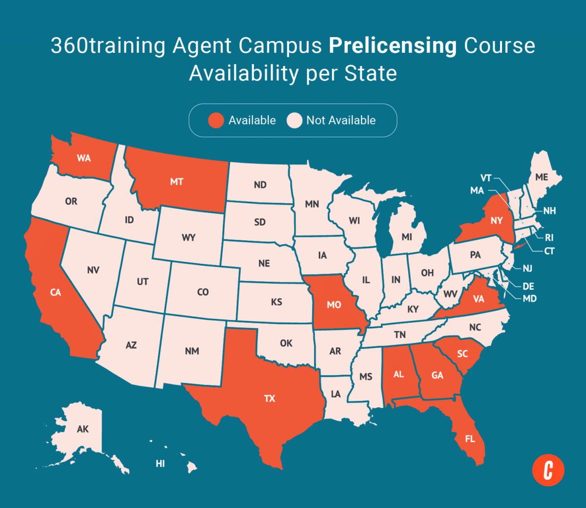 A U.S. map with states where 360training's available prelicensing courses are shaded