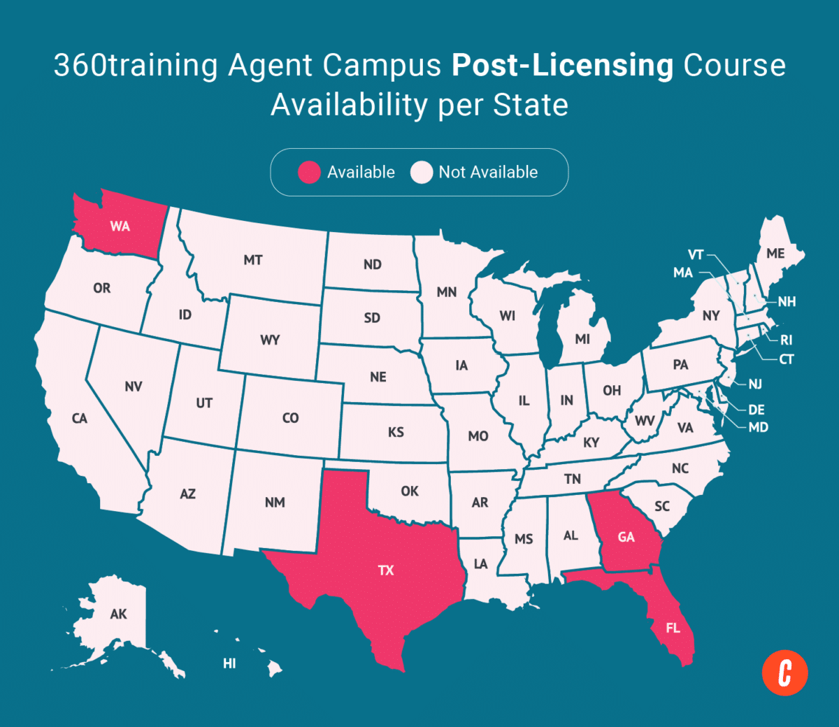 A U.S. map with states where 360training's available post-licensing courses are shaded