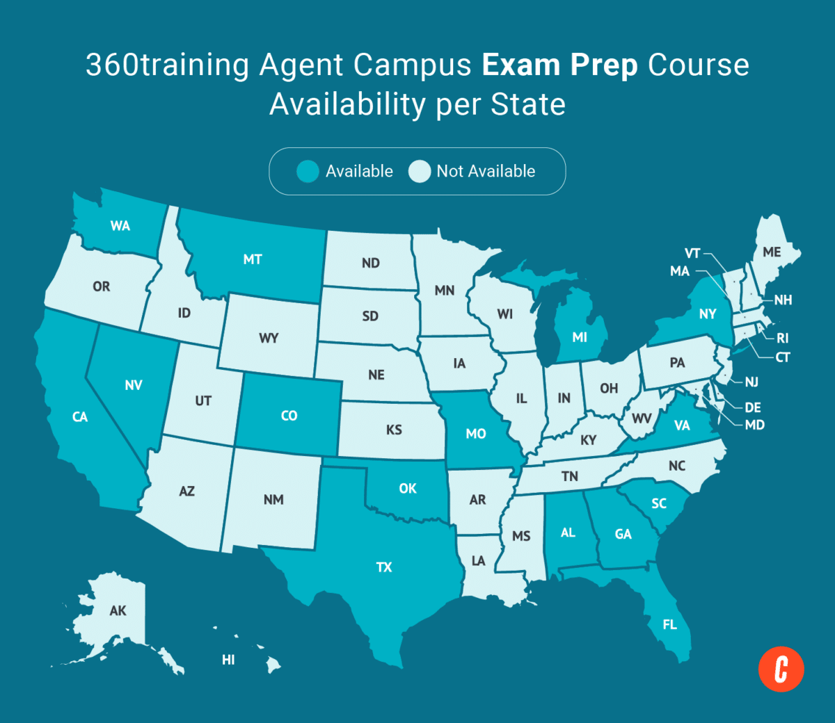 A U.S. map with states where 360training's available exam prep courses are shaded