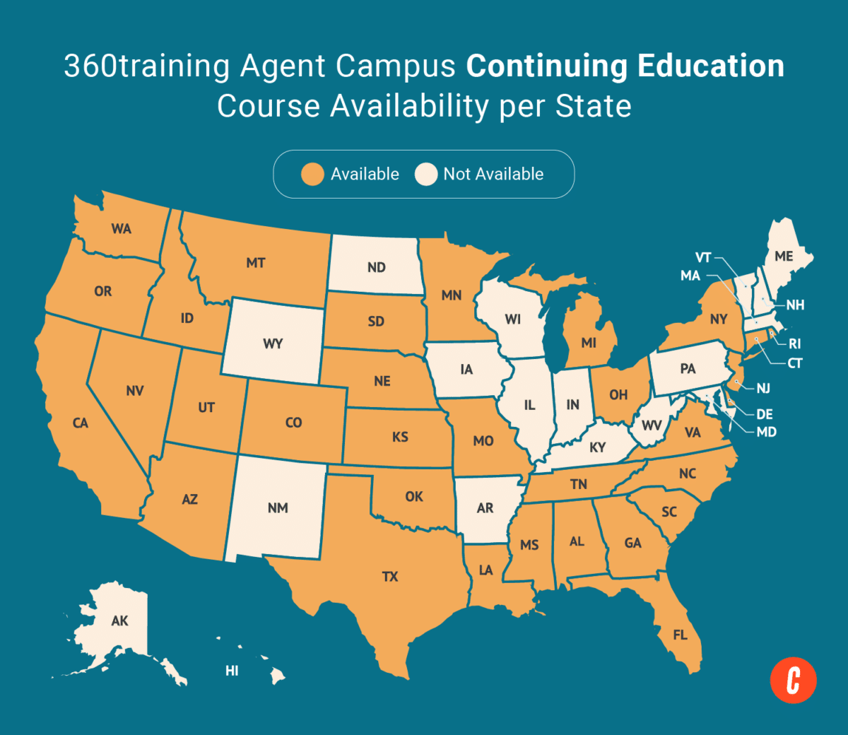 A U.S. map with states where 360training's available continuing education courses are shaded