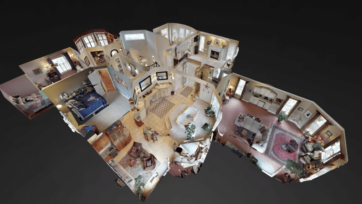 Dollhouse image from Matterport showing all the rooms in a home from a high-level view.