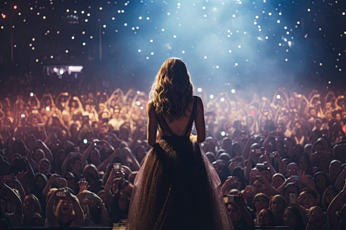 Pop singer in a glittery dress standing in front of a large crowd with a spotlight on her.