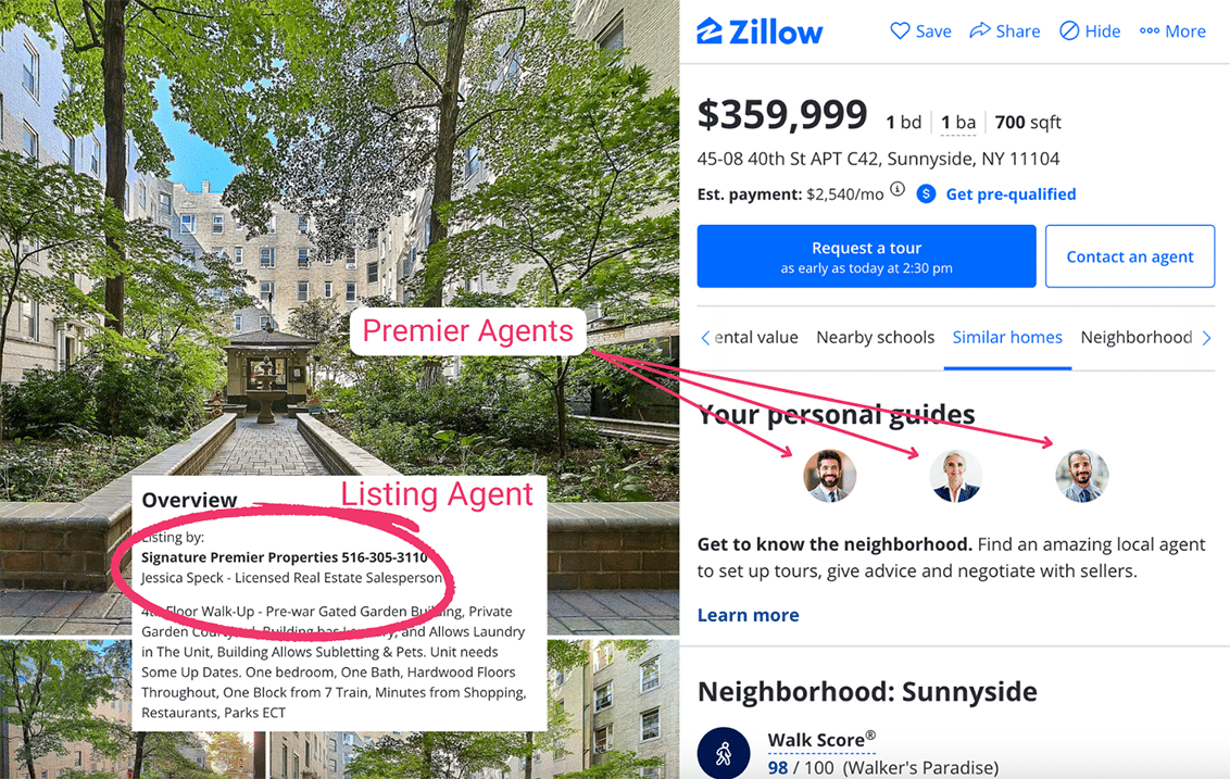 Screenshot of a listing inside Zillow with the Premier Agents pointed out along with the Listing Agent