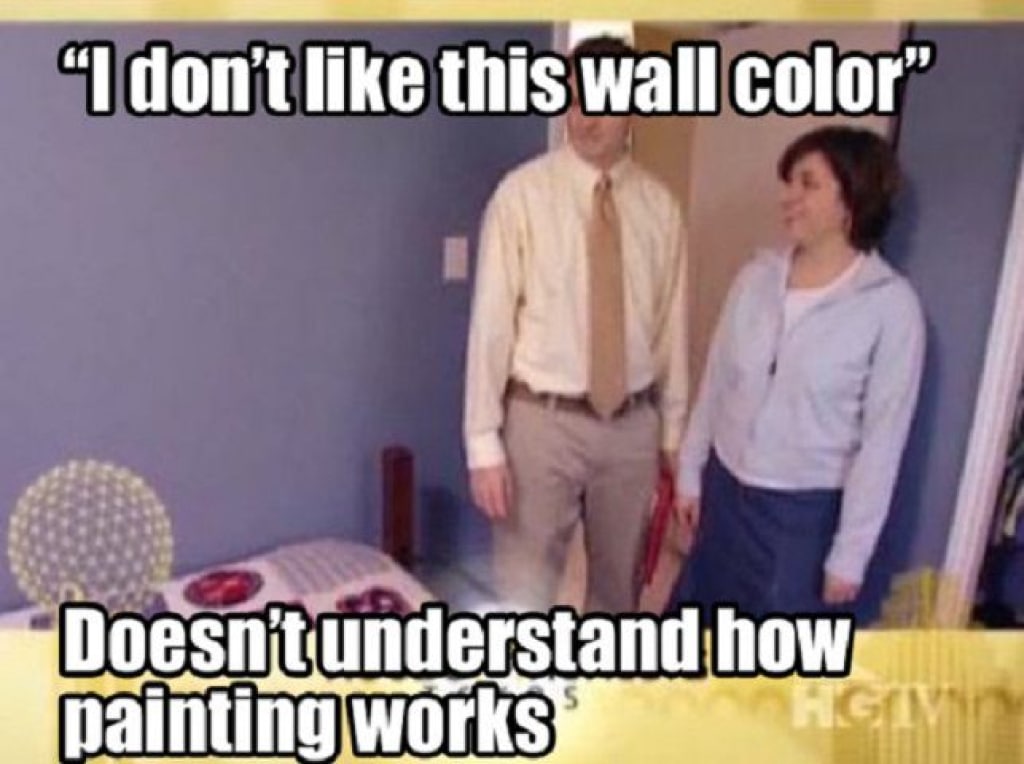 a meme illustrating how people on house hunters discount a house because of wall color.