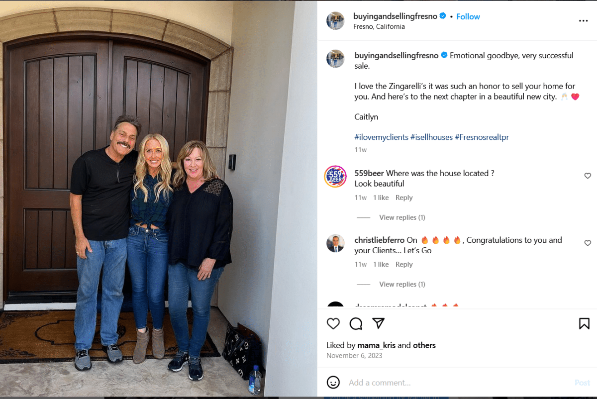 Caitlyn Peck's Instagram post with her clients.