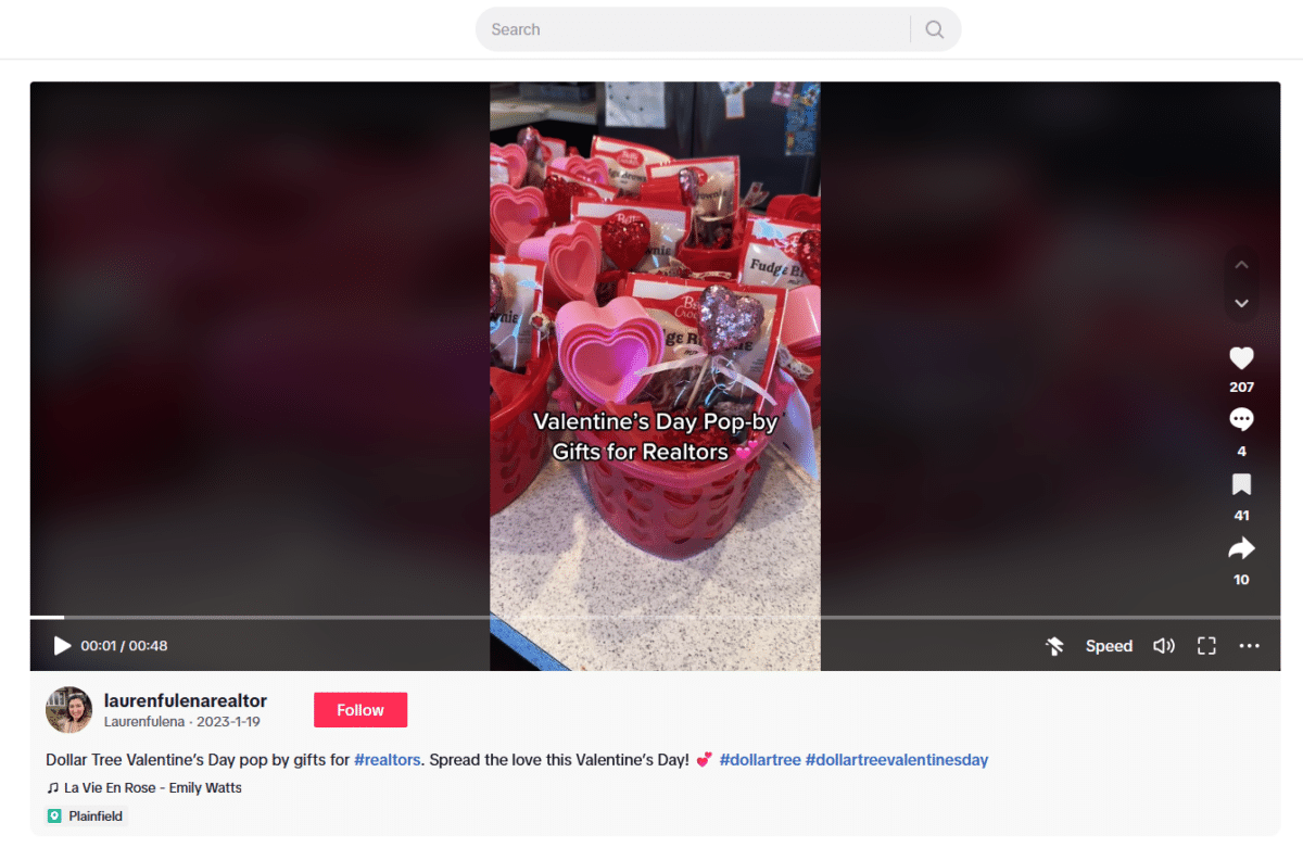 A screenshot of a TikTok video showing Valentine's Day pop-by gift ideas.