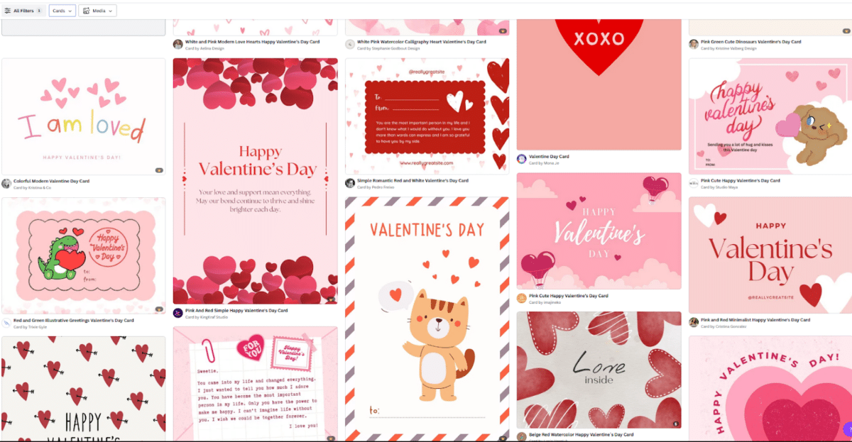 A sample of Canva Valentine's Day card templates.