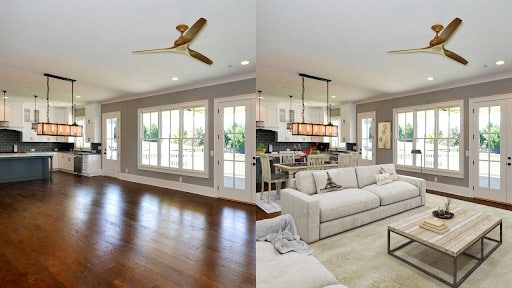 A comparison of a virtually staged home vs empty house.