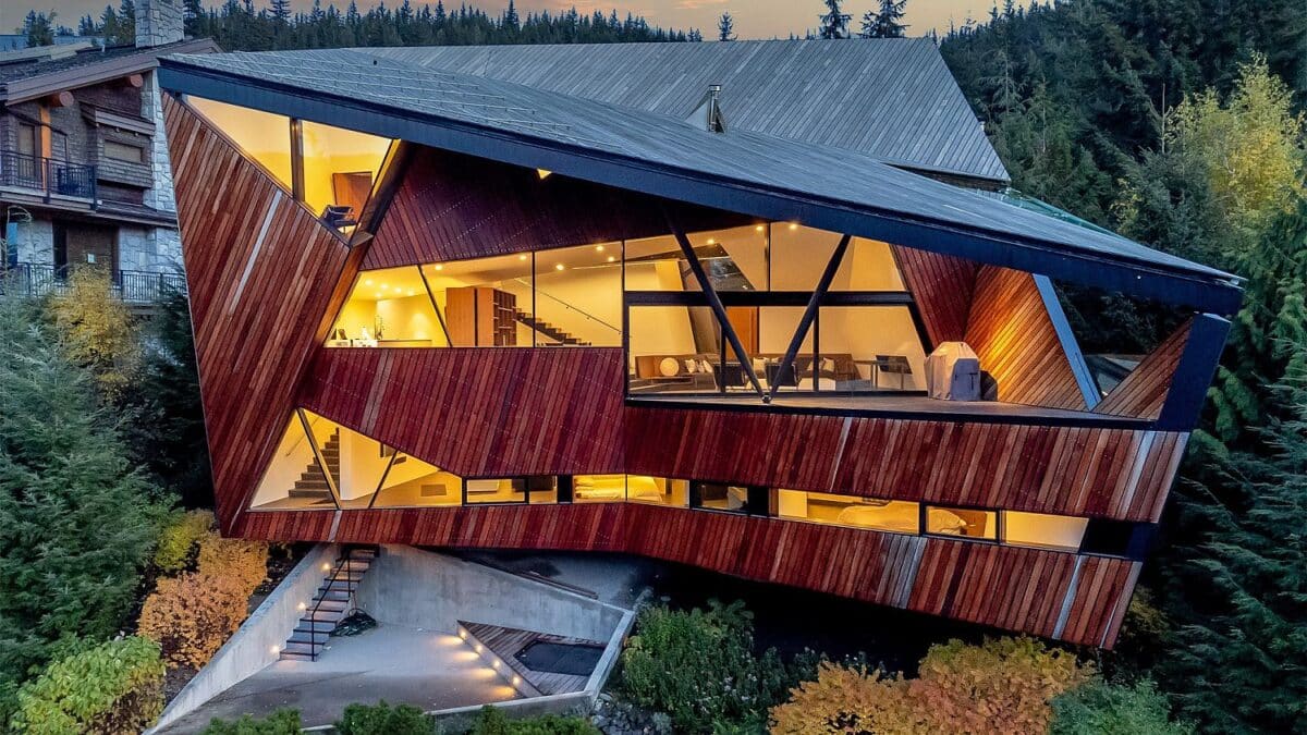 An irregularly-shaped house made of wood