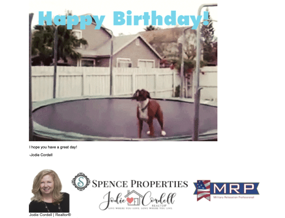 Email message sent out saying "Happy Birthday" as part of an email drip campaign.