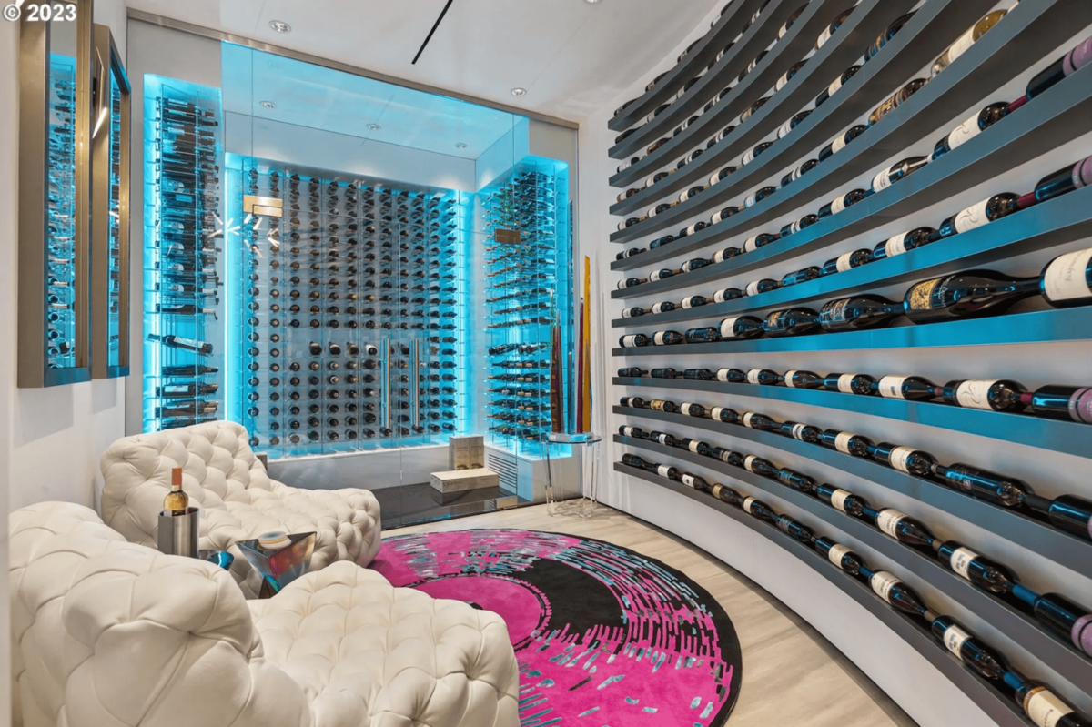 A modern wine cellar with walls of wines