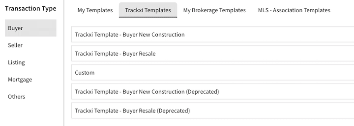 Sample of templates segmented by transaction type.