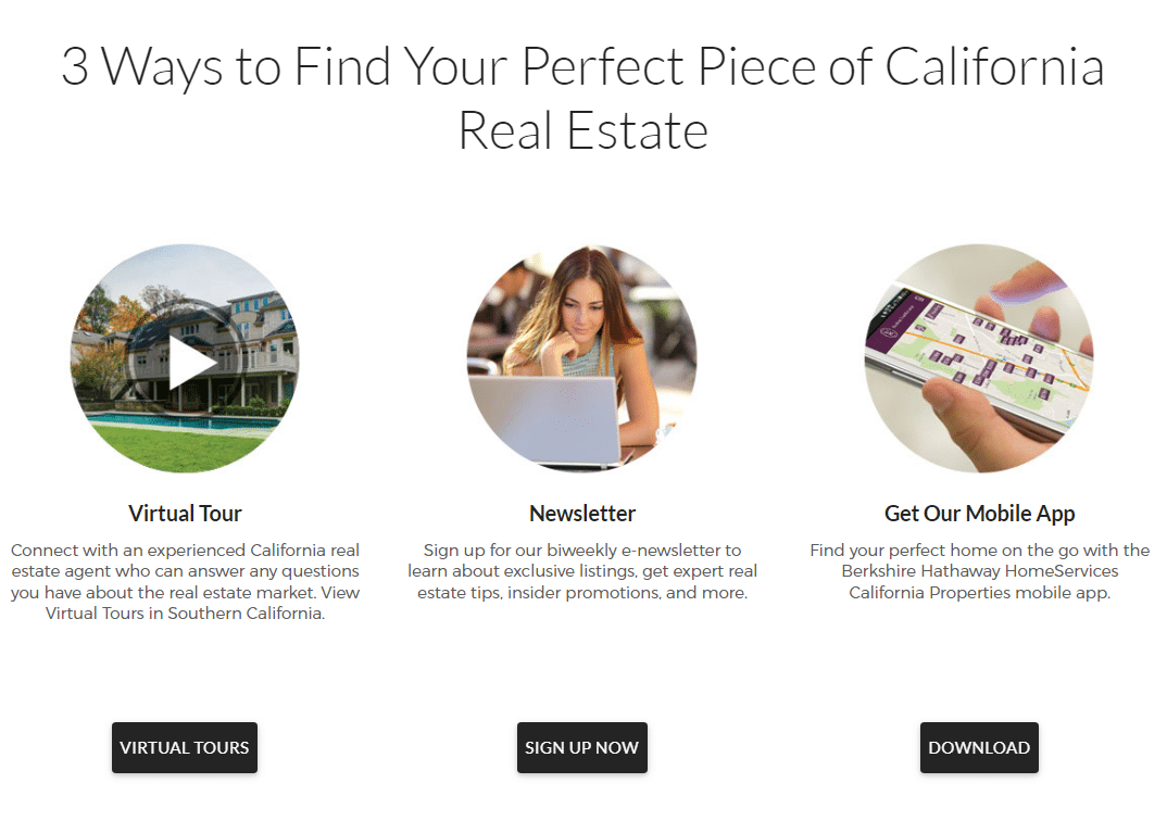 Example of a set of lead magnets from a real estate website featuring a real estate newsletter in exchange for a subscription