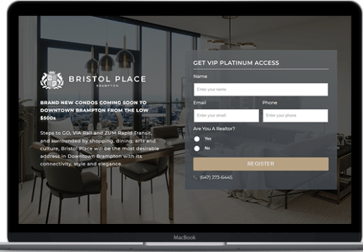 Landing page of Bristol Place with lead capture form in the foreground and dining room in background.