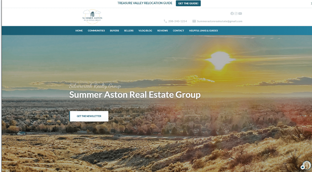 Landing page from Summer Aston Real Estate Group with forest landscape and sunset in background and newsletter sign up in foreground.