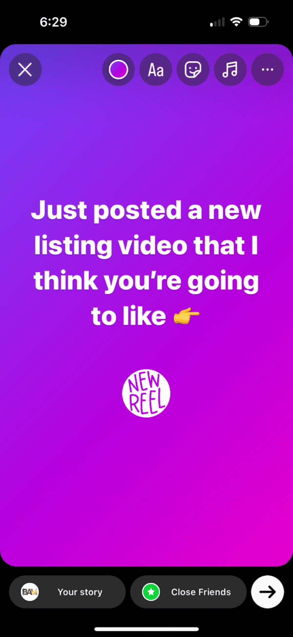 Instagram post with purple background and white text stating "Just posted a new listing video that I think you're going to like."