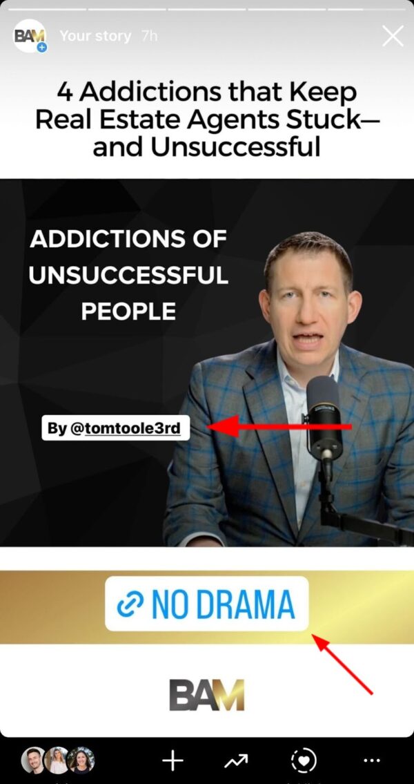 Instagram post featuring man speaking about addictions of successful people, and arrows pointing to links on post.