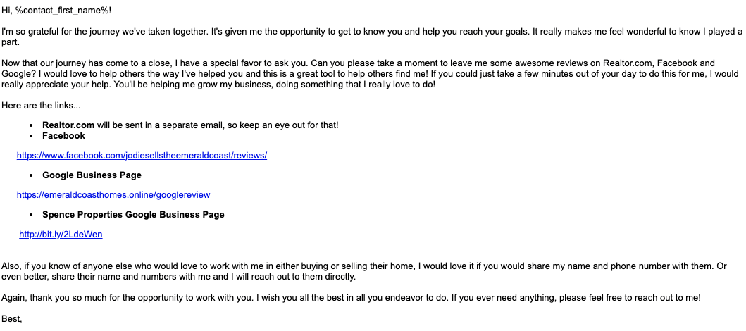 Screenshot of an email encouraging my clients to write me a review.