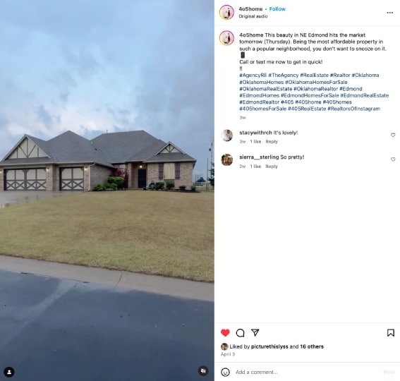 Real estate agent Instagram reel showing a property for sale