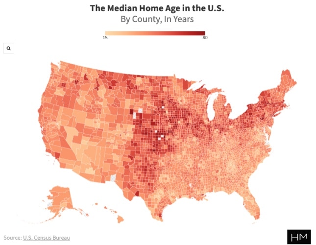 Map of the U.S. titled "The Median Home Age in the U.S."