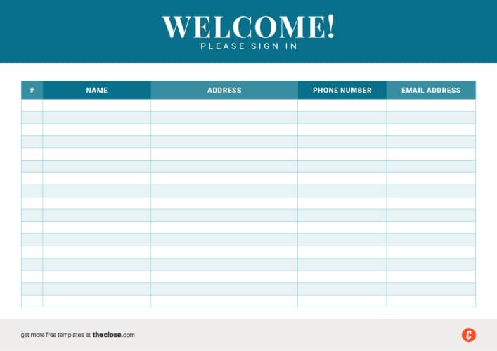 The Close basic open house sign-in sheet template #2 in landscape format