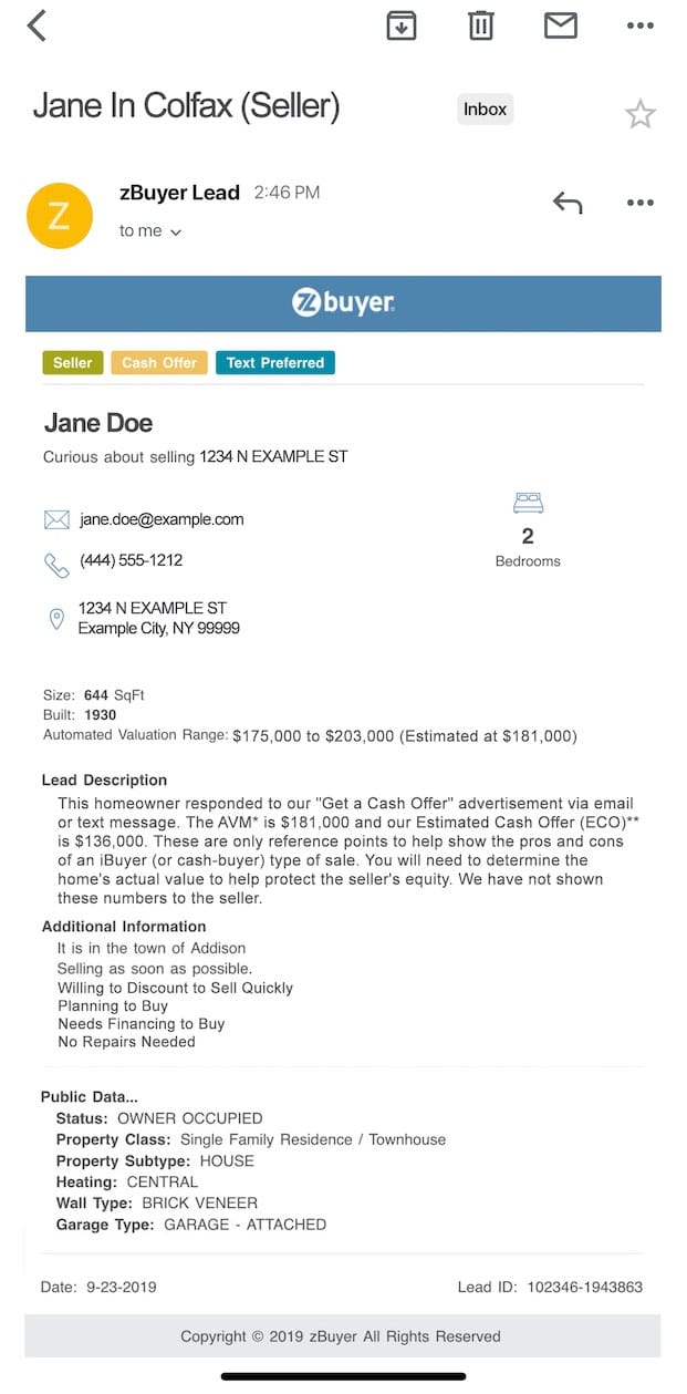 a screenshot of a seller lead email with contact details and additional home information.