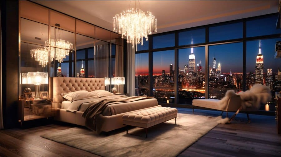 Stunning condo bedroom overlooking the city at night.