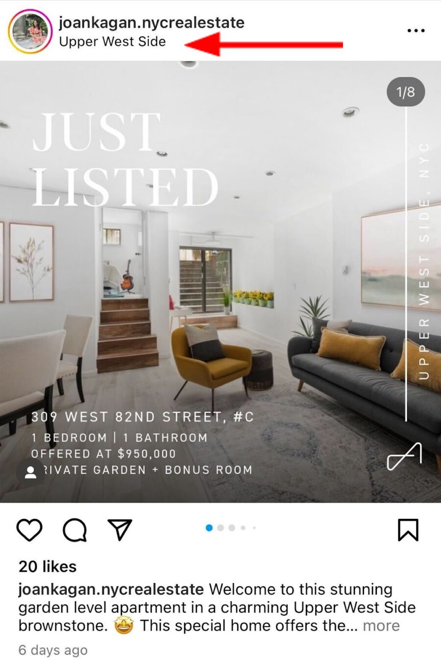 Instagram post of a just listed apartment on the Upper West Side in Manhattan, New York.