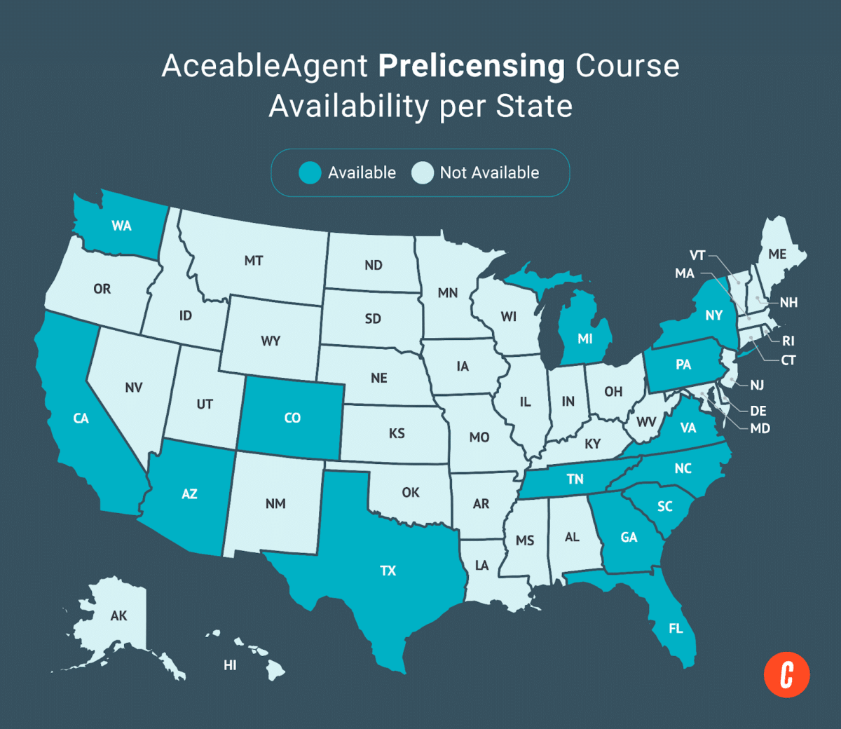 A U.S. map with states where AceableAgent's available prelicensing courses are shaded