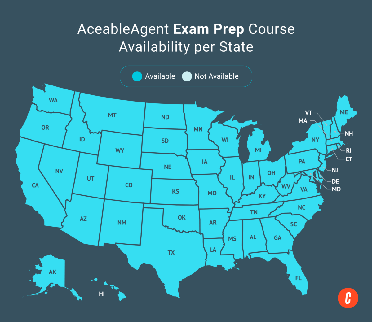 A U.S. map with states where AceableAgent's available exam prep courses are shaded