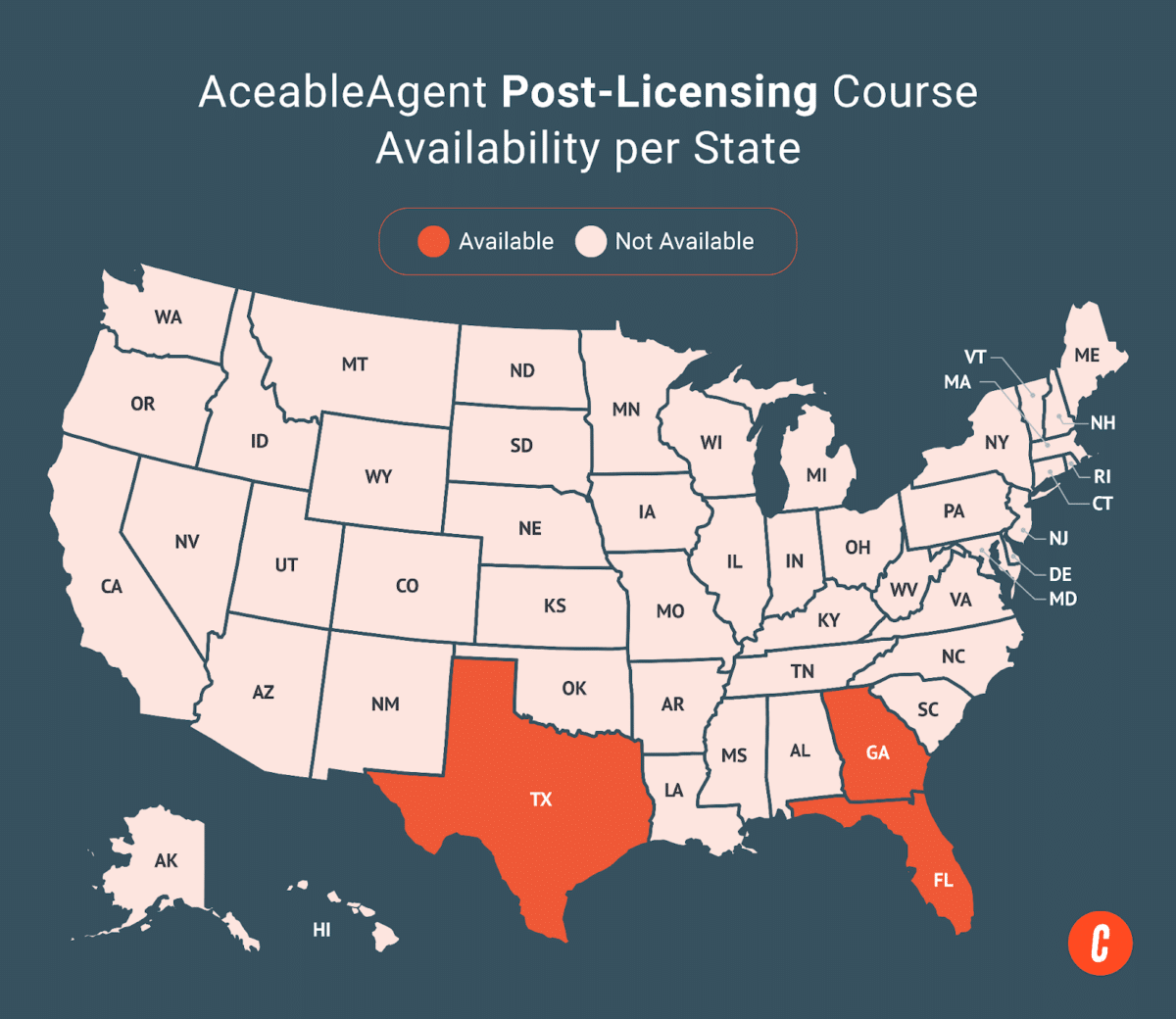 A U.S. map with states where AceableAgent's available post-licensing courses are shaded