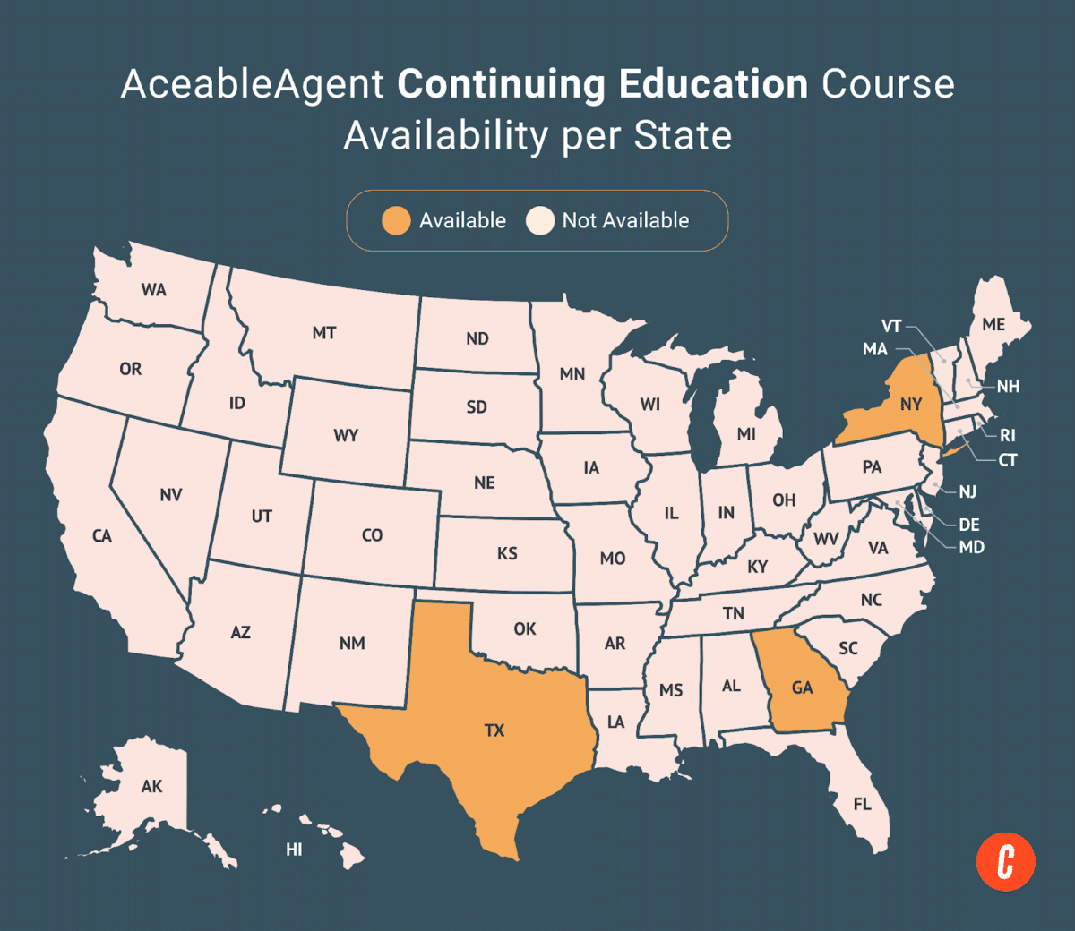 A U.S. map with states where AceableAgent's available continuing education courses are shaded