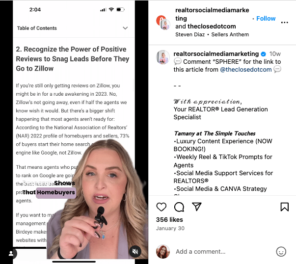 Instagram partnership post from realtor social media marketing and The Close