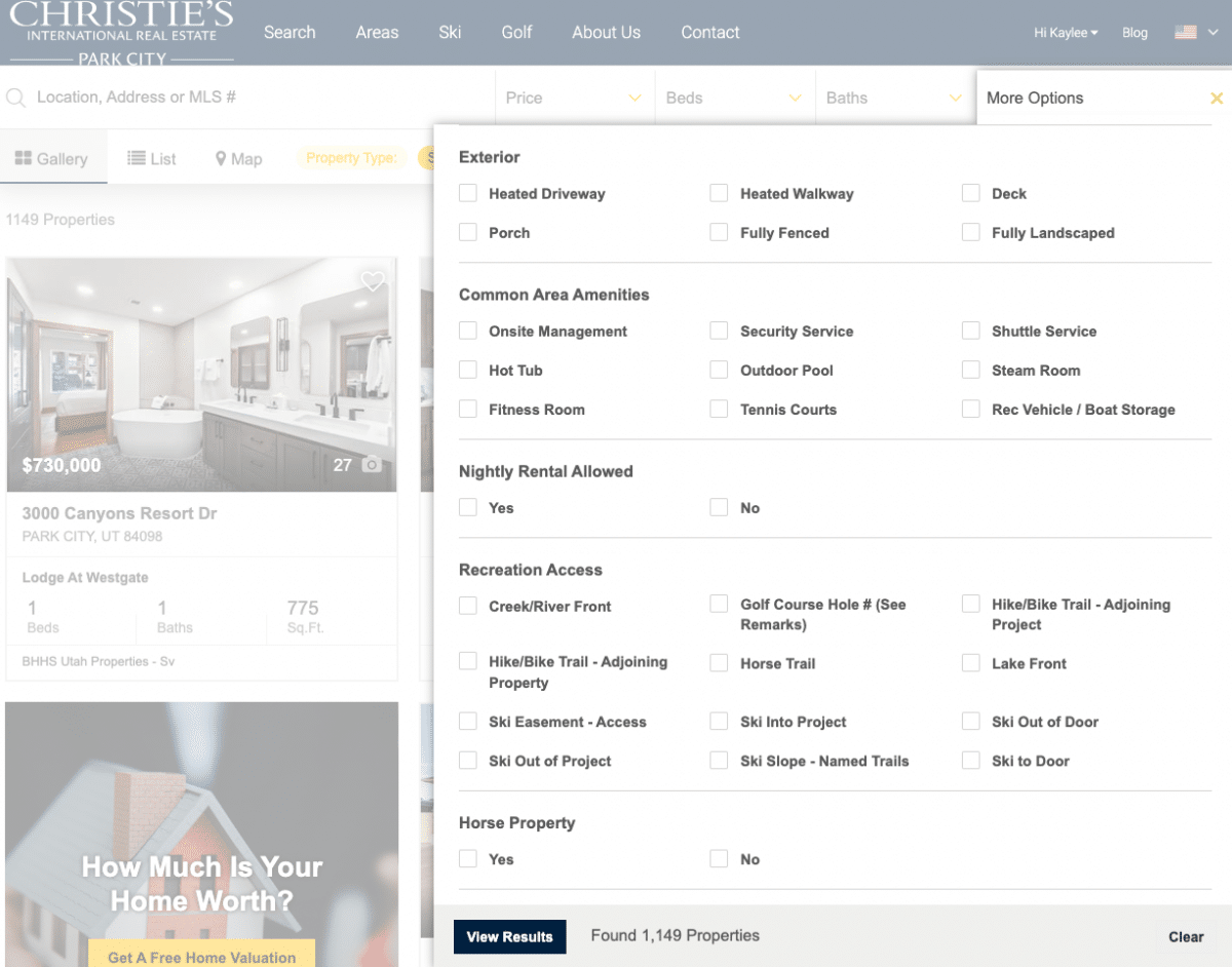 Example of search filters on a real estate brokerage website