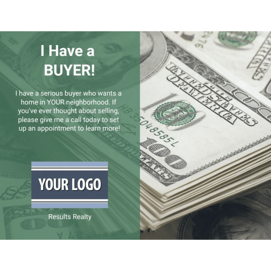 "I have a buyer" postcard template from ProspectsPLUS! with a stack of 100-dollar bills