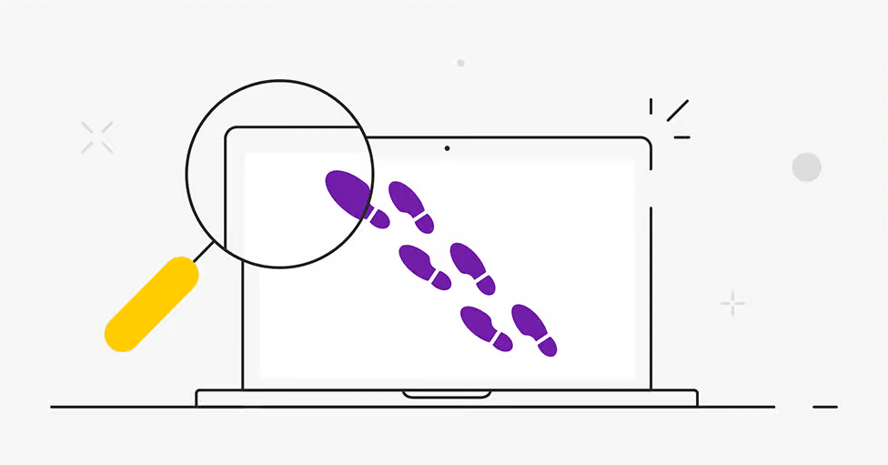 Graphic of laptop with magnifying glass and footprints across computer screen