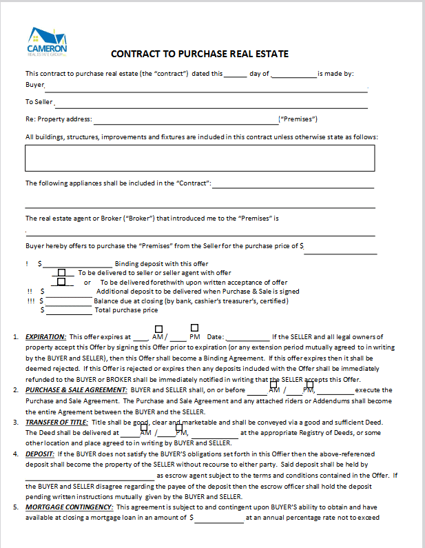Page one of a Massachusetts Offer to Purchase form.