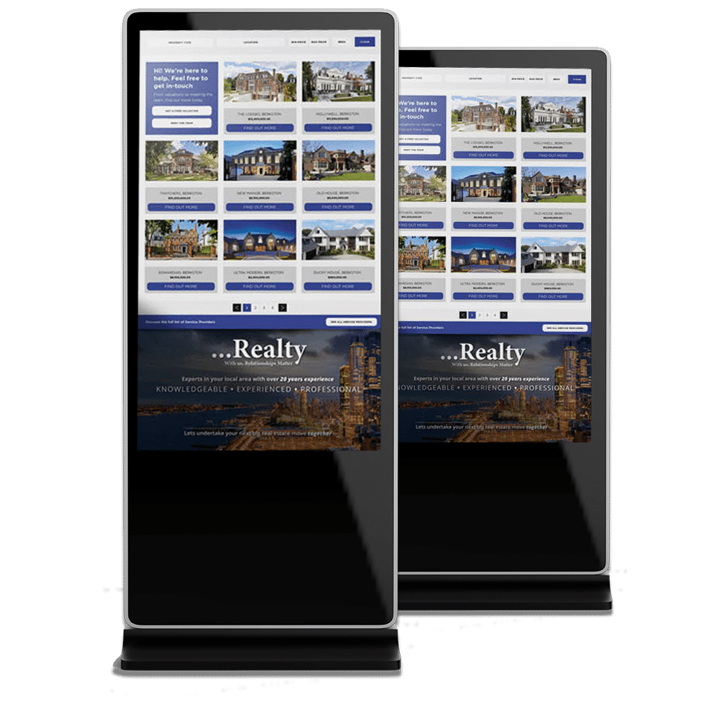Featured property listings displayed on touchscreen kiosks