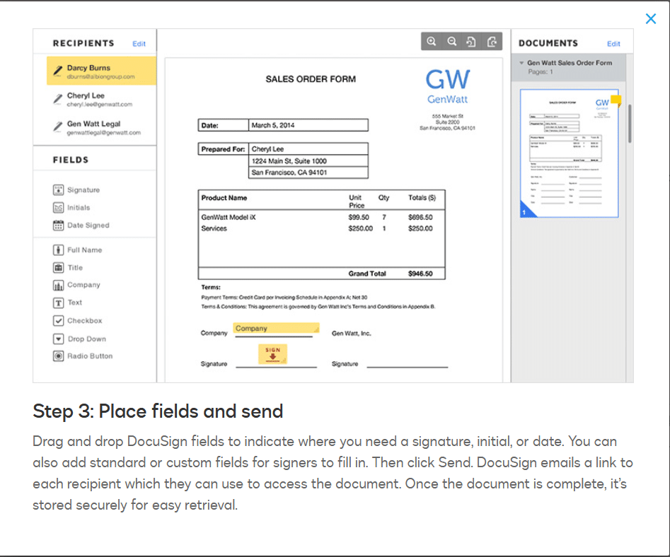 Screenshot of the DocuSign platform with drag-and-drop features.