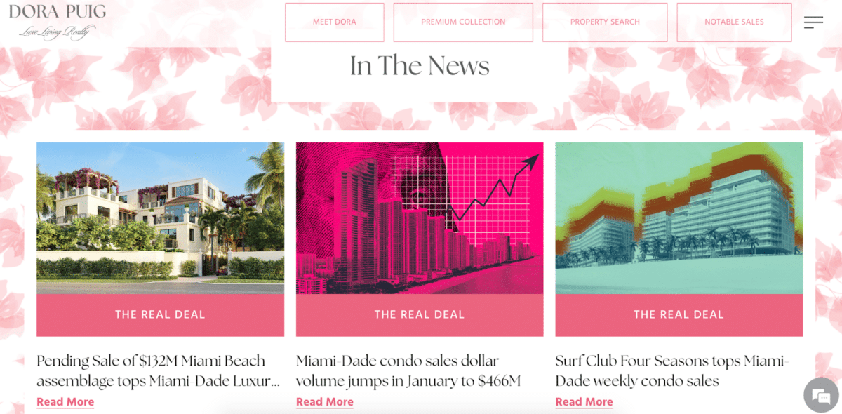 Screenshot of a website's news page with articles on Miami real estate
