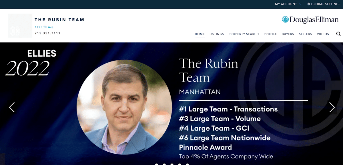 Screenshot of a website's homepage with headshot and accolades
