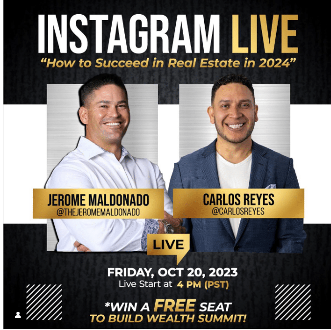 Instagram post of live event featuring two men discussing "How to Success in Real Estate."