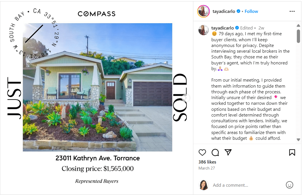 Instagram post showing a just sold listing with a long caption describing the sales process.