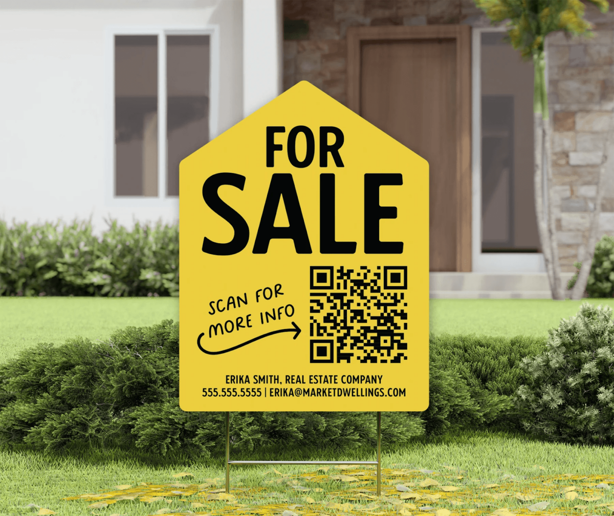 A yellow for sale sign with a QR code